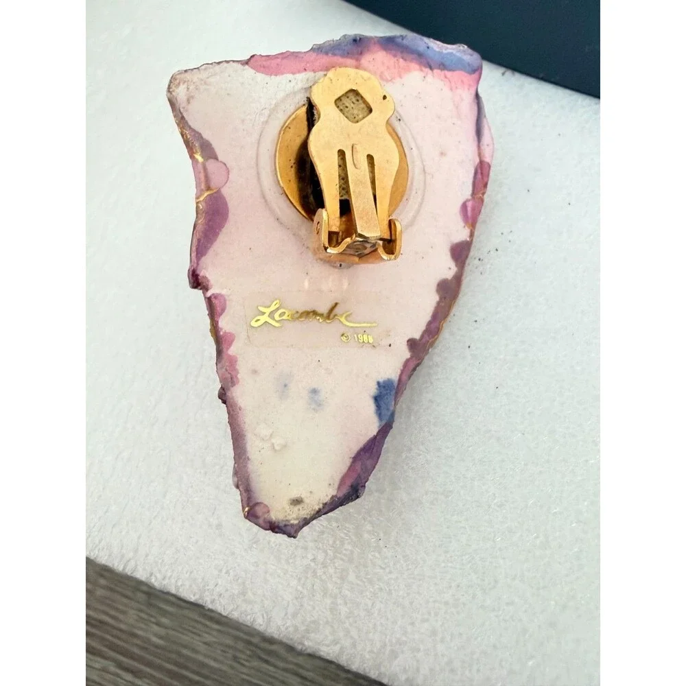 Vintage 1988 Lacombe Signed Abstract Mixed Media Clay Rhinestone Clip On Earring